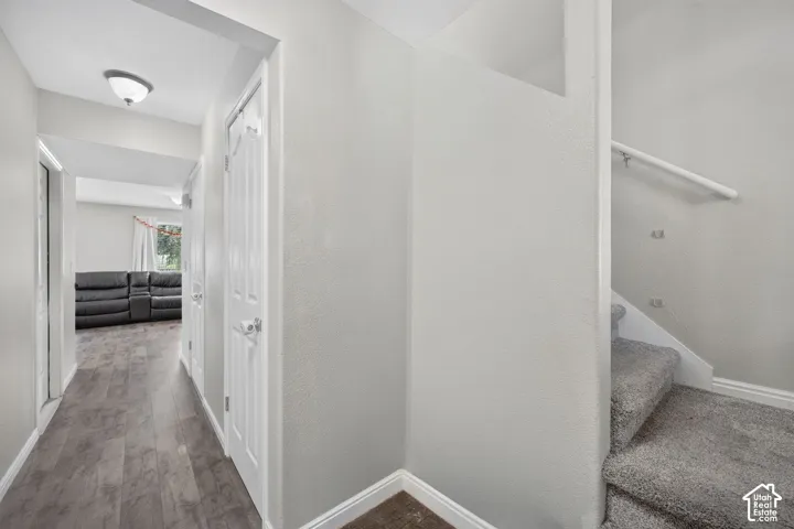 Wood-finish flooring in the hallway, white interior doors, flush mount ceiling lighting, and a staircase with grey carpet