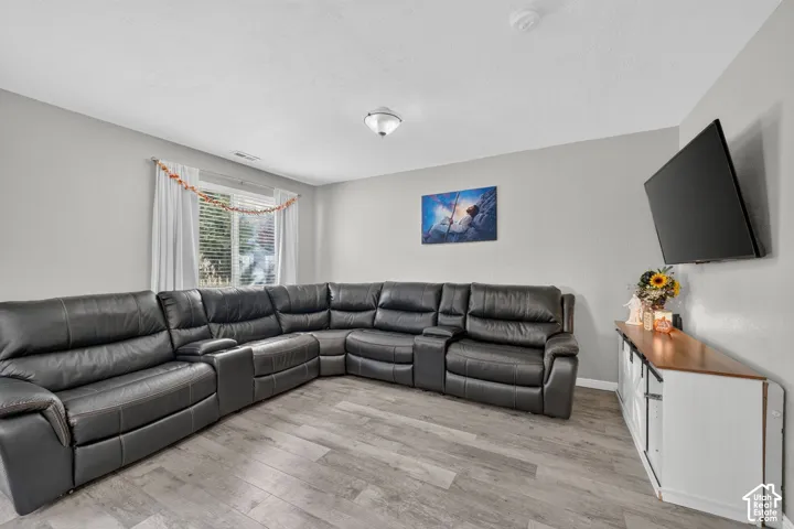 Wood-finish flooring, light grey wall paint, and a window with white blinds
