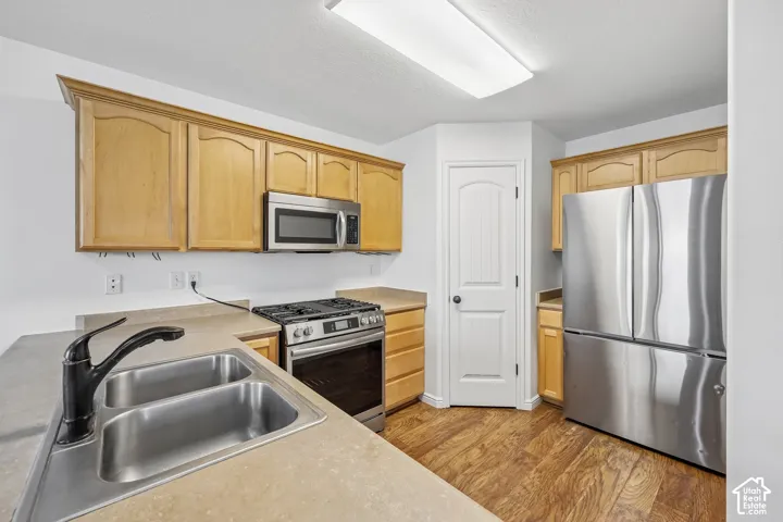 Wood-finish flooring, light wood cabinetry, stainless steel appliances, double basin sink, and an integrated microwave