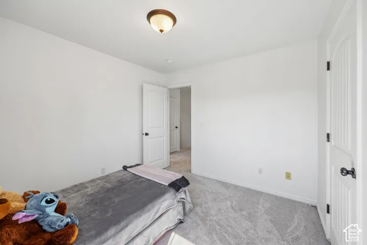 Recessed ceiling light fixture, white painted walls, gray carpeted flooring, white paneled door, and black door hardware