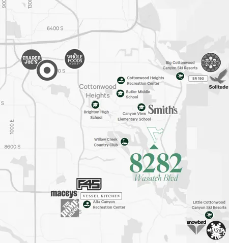 Location map displaying the geographic position of the property at 8282 Wasatch Blvd relative to local points of interest and thoroughfares