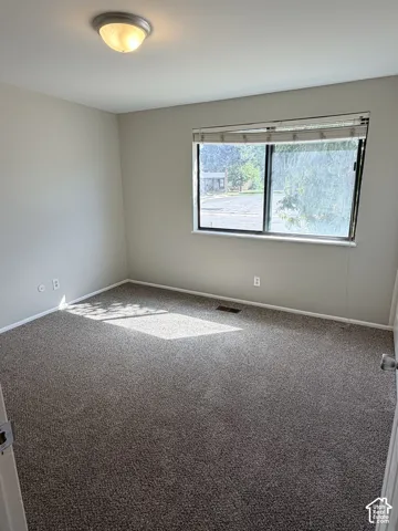 Neutral-toned walls complement the textured carpet flooring