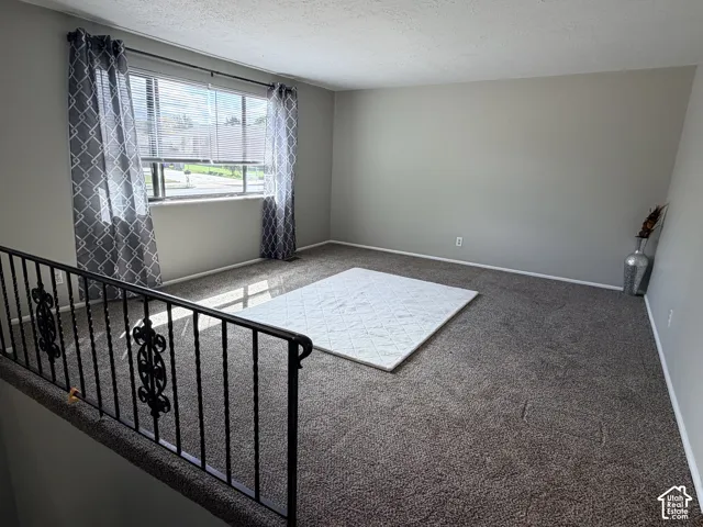 Neutral tone wall paint, textured carpeting, large window with blinds, and decorative wrought iron railing
