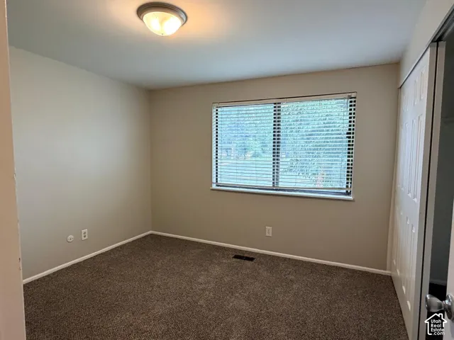 Neutral-toned walls, brown carpeting, a window with horizontal blinds, and a built-in closet with bifold doors