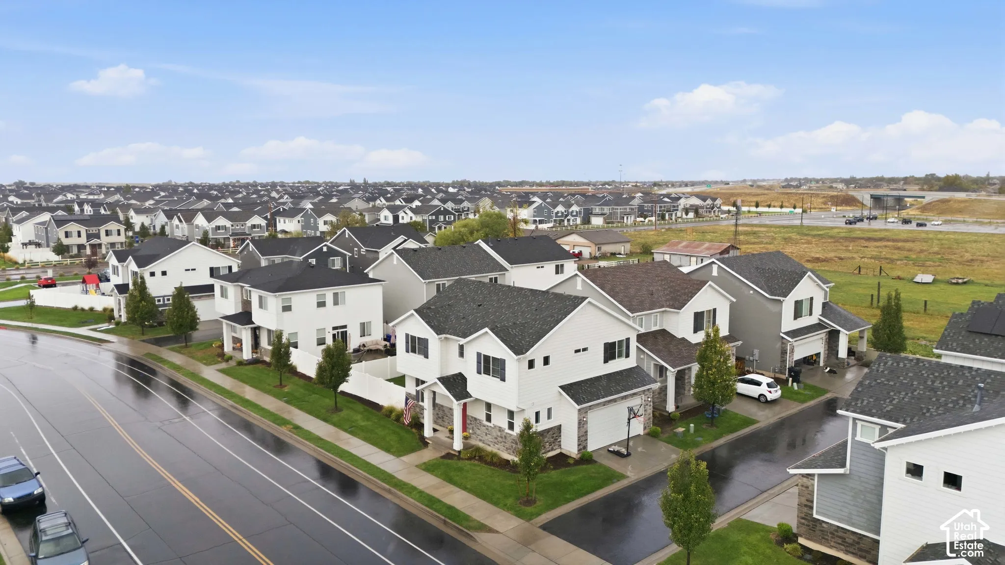 Aerial perspective showcasing a residential neighborhood with uniformly designed homes featuring shingled roofs and integrated garages