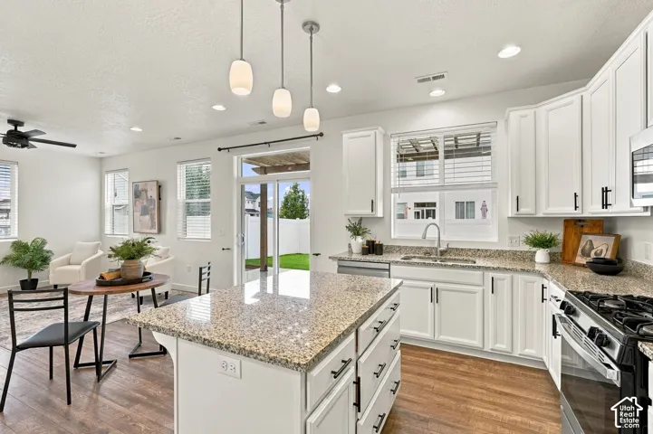Kitchen featuring white cabinetry with dark hardware, stone-finish countertops, and wood-finish flooring