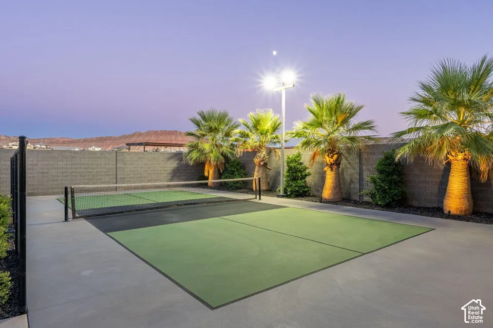 Outdoor sports court with a net, enclosed by a block wall and mature palm trees