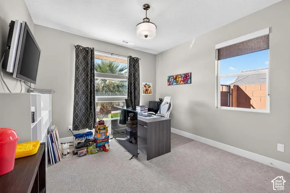 Carpeted flooring, neutral wall tones, and overhead lighting