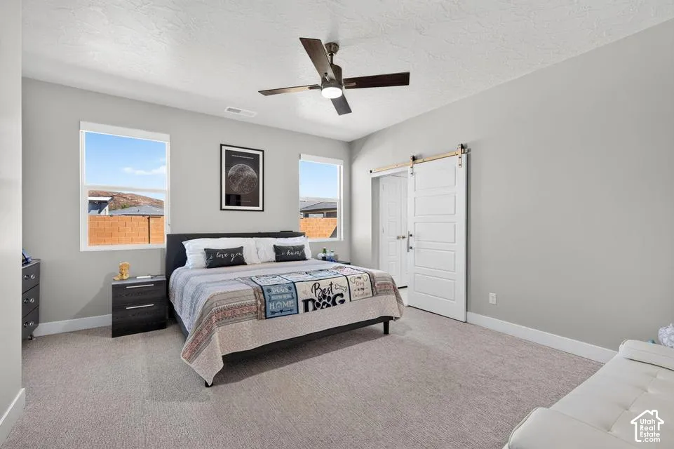 Spacious room with light gray walls, plush carpet flooring, two large windows, a ceiling fan, and a white barn door