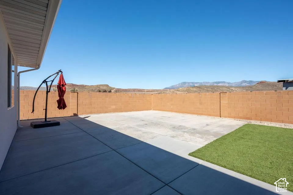 Expansive concrete patio with a block privacy wall and artificial turf section