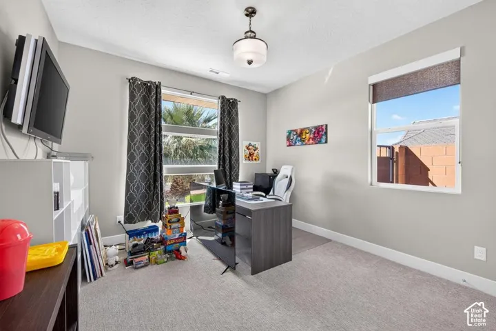 Carpeted flooring, neutral wall tones, and overhead lighting