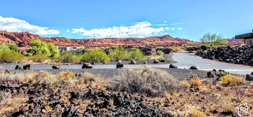 Paved roadway with natural desert landscaping and distant rock formations
