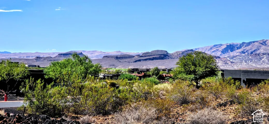 Expansive mountain backdrop with a clear sky, surrounded by natural desert landscaping and scattered residential structures