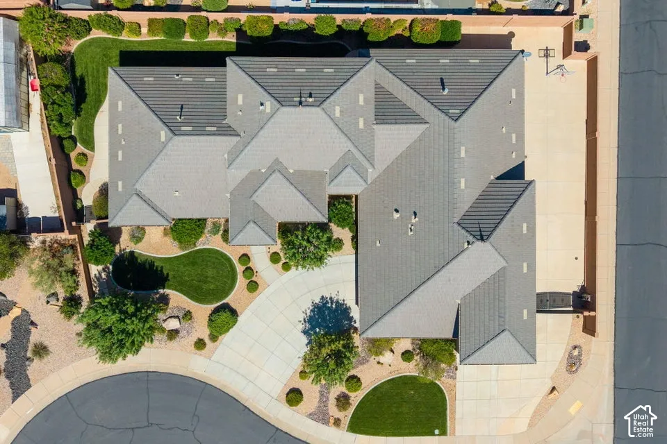 Expansive property featuring a multi-gabled roof, concrete driveway, and landscaped front yard with varied plantings