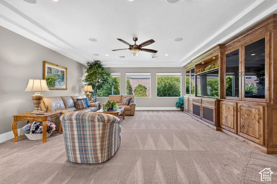 Recessed lighting illuminates the tray ceiling and light-toned carpeting