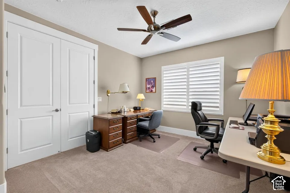 Double panel doors, plush carpet flooring, window with white plantation shutters, ceiling fan with integrated lighting, and neutral wall tones