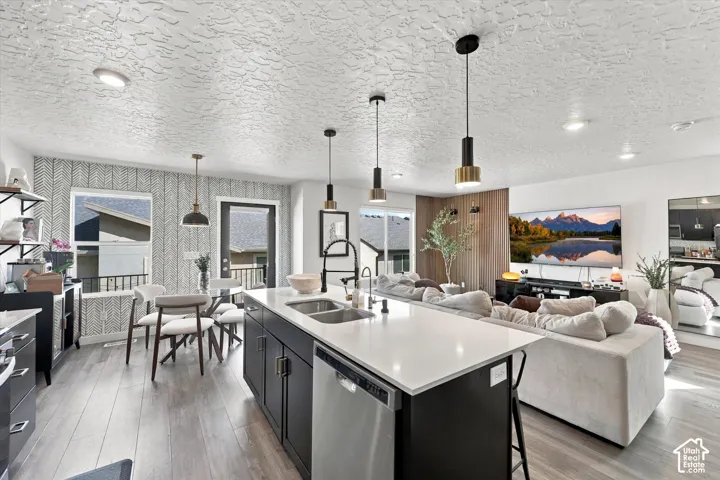 Open-concept living area with wood-finish flooring, a large kitchen island with a double basin sink, and pendant lighting