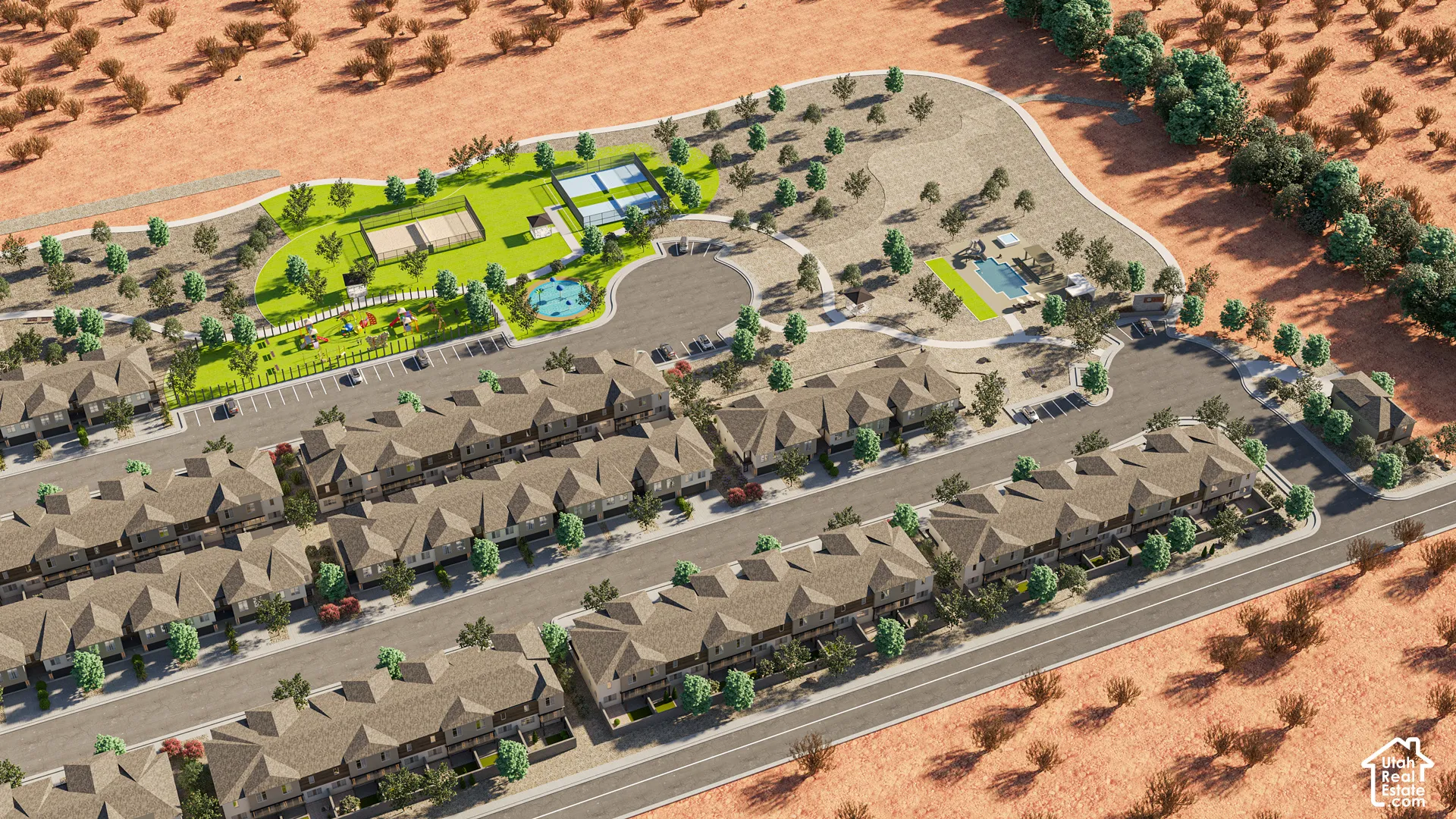Community layout featuring residential units, common green spaces, a swimming pool, and sports courts