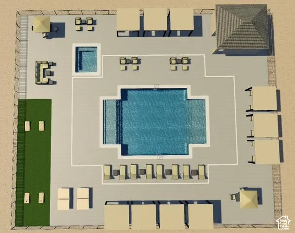 Expansive outdoor area featuring a geometric swimming pool, integrated spa, and surrounding hardscaping
