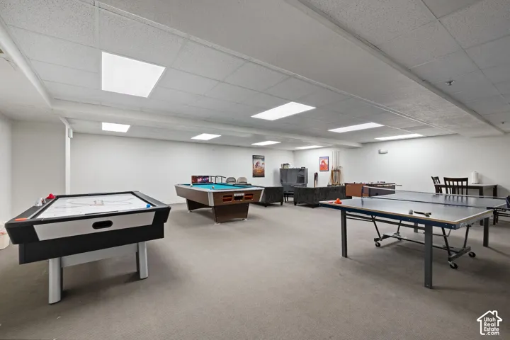Spacious recreation room featuring recessed lighting, a drop ceiling, and light-toned carpeting
