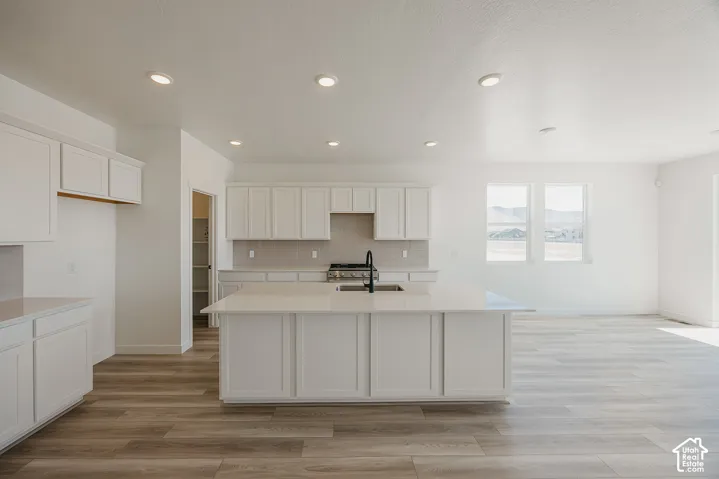 Open-concept kitchen with white shaker cabinetry, an expansive central island, light-toned countertops, and wood-finish flooring
