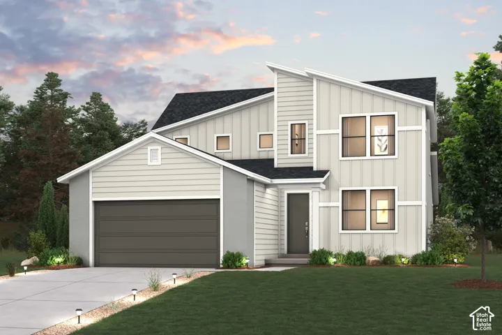 Modern architectural exterior with contrasting siding textures, a two-car garage, a concrete driveway, and integrated landscape lighting