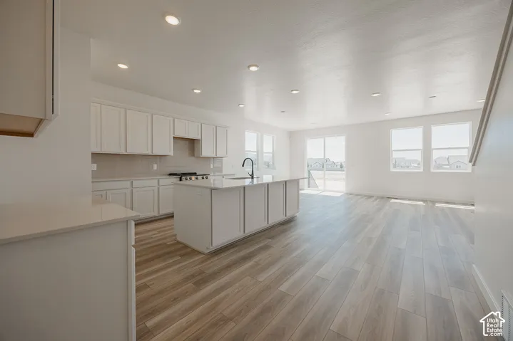 Modern kitchen featuring white cabinetry, a central island with an integrated sink, wood-finish flooring, and recessed lighting