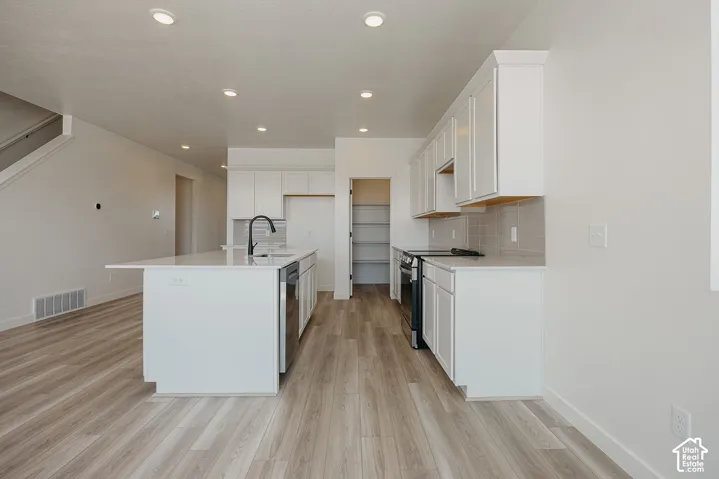 Kitchen featuring wood-finish flooring, white cabinetry, a large island with a sink, and a tile backsplash