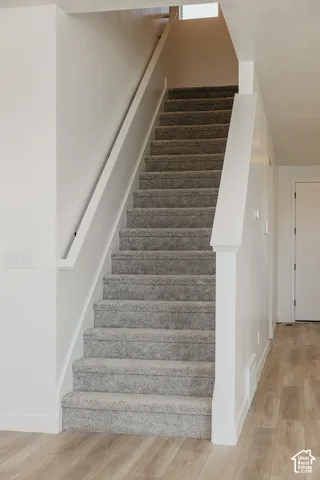 Staircase featuring grey carpet and white handrails