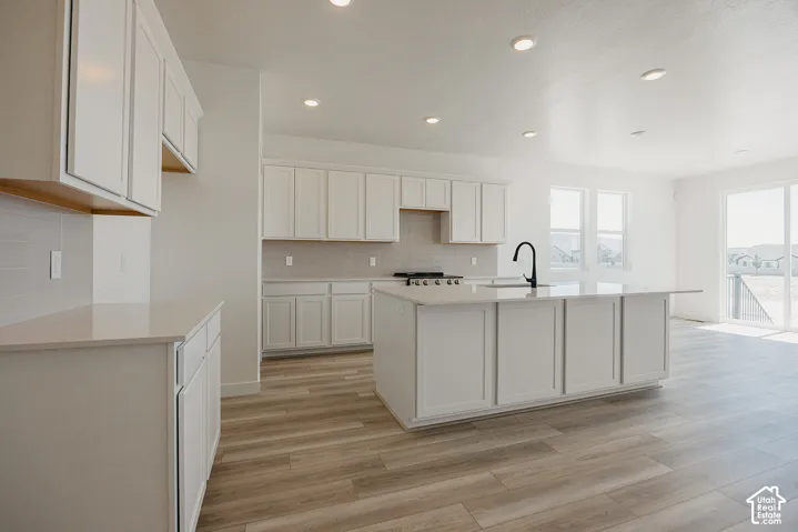 Kitchen featuring wood-finish flooring, white cabinetry, a central island with an integrated sink and matte black faucet, and recessed lighting