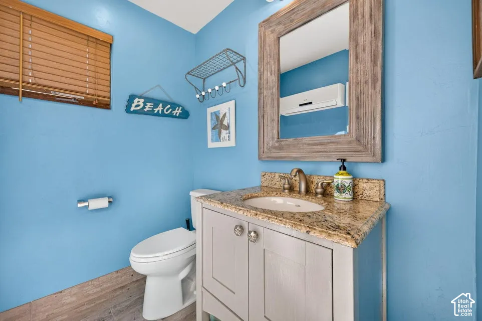 Vanity with stone countertop, undermount sink, and wood-finish flooring