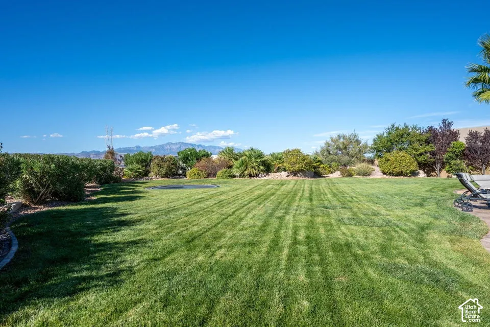 Expansive lawn area with surrounding mature landscaping and mountain backdrop