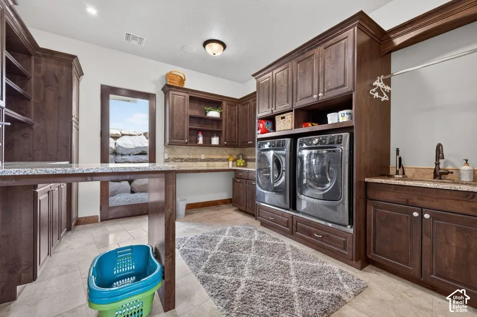 Warm wood-finish cabinetry providing ample storage