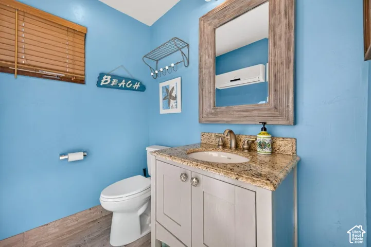 Vanity with stone countertop, undermount sink, and wood-finish flooring