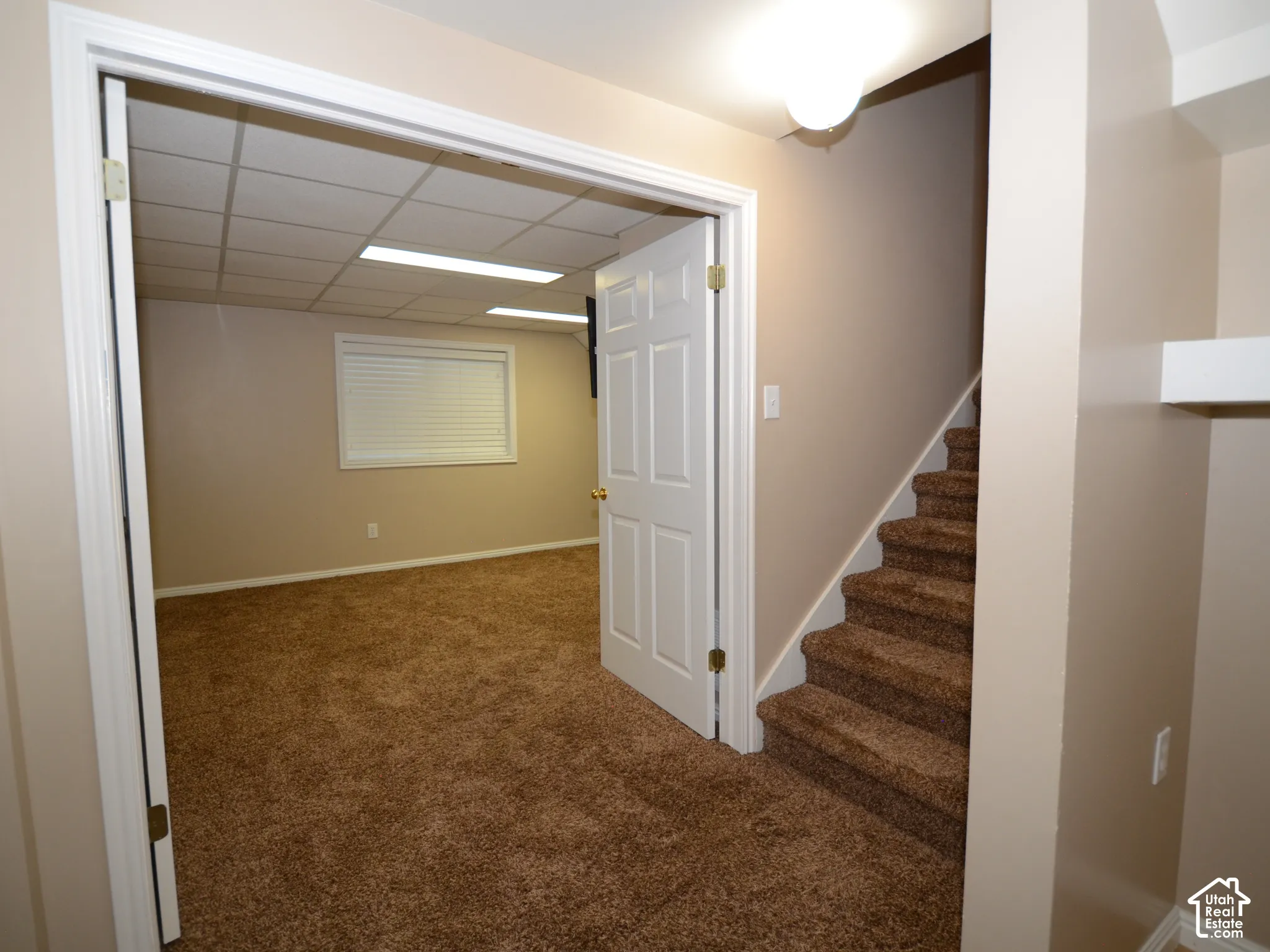 Carpeted room with a drop ceiling and integrated lighting