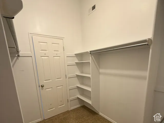 Built-in shelving, hanging rods, and paneled door