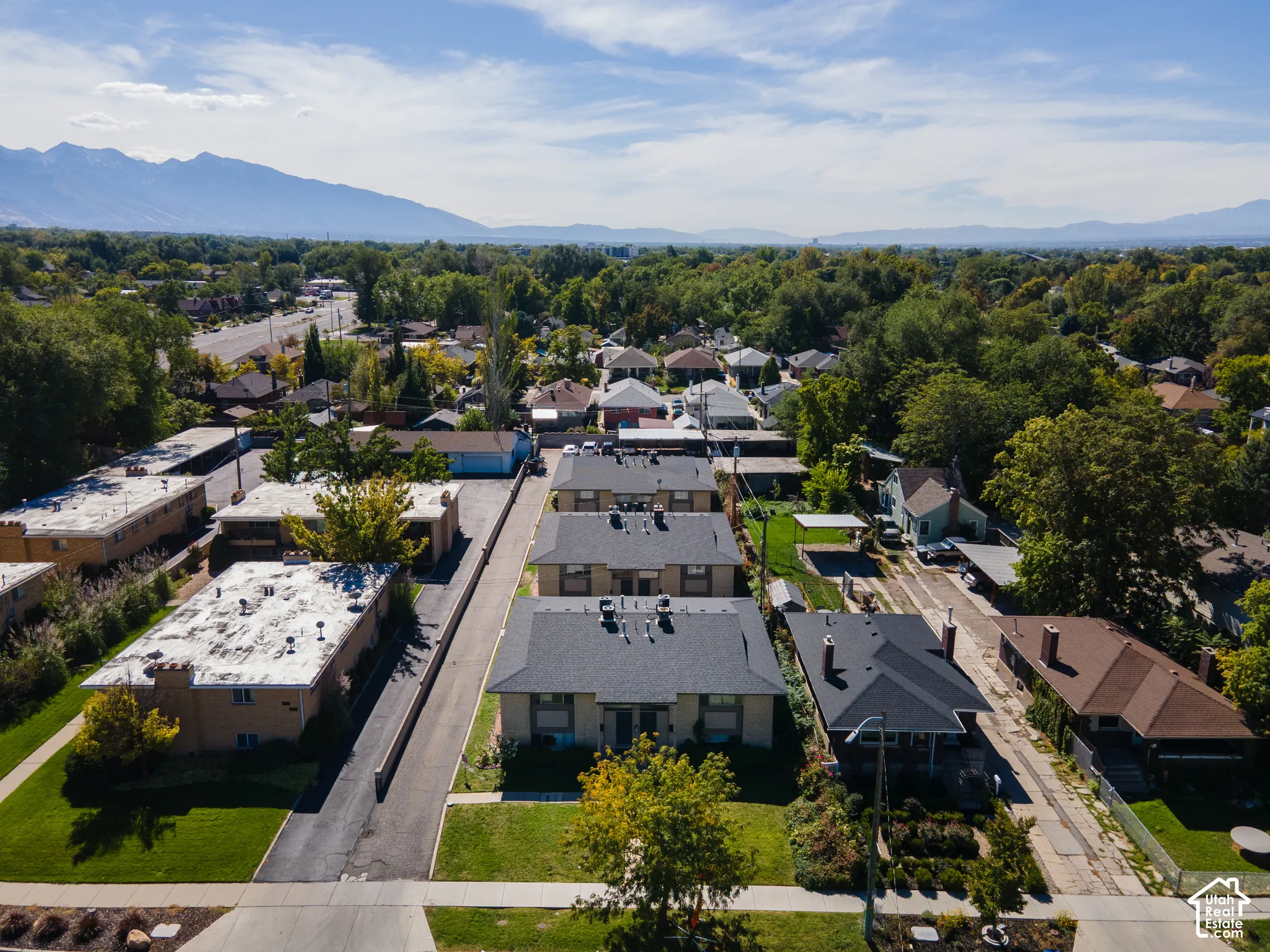 Aerial perspective of a neighborhood with diverse residential structures