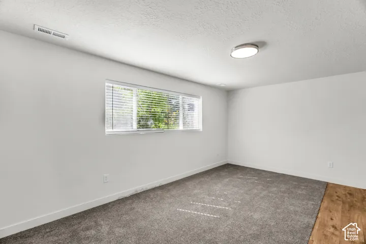 Recessed window with blinds, ceiling-mounted light fixture, gray carpeting, and wood-finish flooring