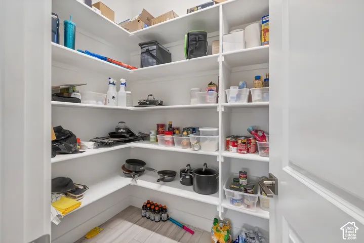 Organized pantry featuring extensive built-in shelving with multiple tiers, ample storage capacity for pantry items and kitchen essentials, and efficient use of corner space with adjustable shelving throughout