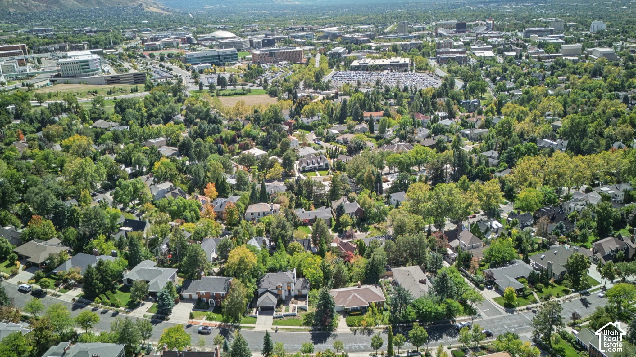 Expansive residential area featuring established homes, mature trees, and mountainous terrain in the background