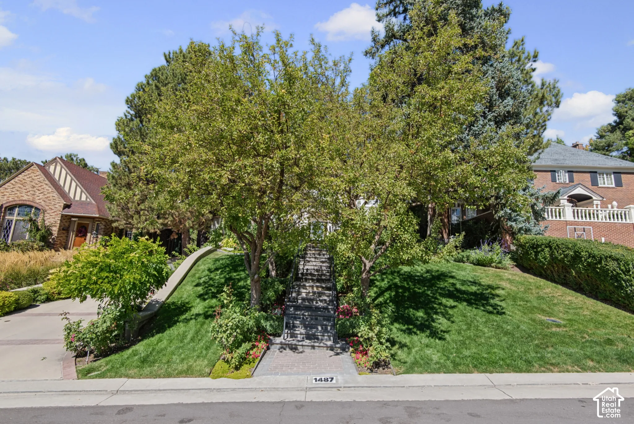 Sloped front yard with a concrete staircase entry, mature trees, and landscaping