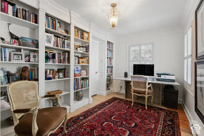 Built-in white shelving, wood-finish flooring, white plantation shutters, and an ornate ceiling fixture