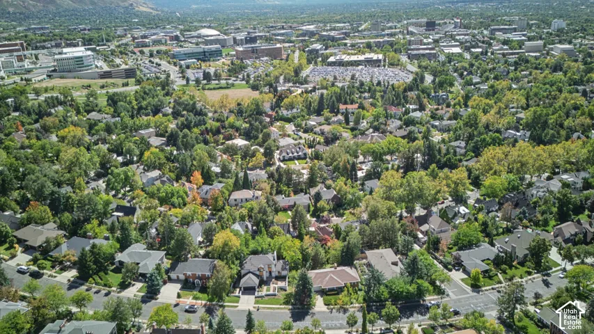 Expansive residential area featuring established homes, mature trees, and mountainous terrain in the background