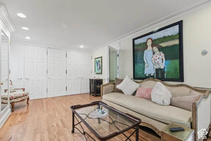 Wood-finish flooring, recessed lighting, crown molding, and paneled storage doors