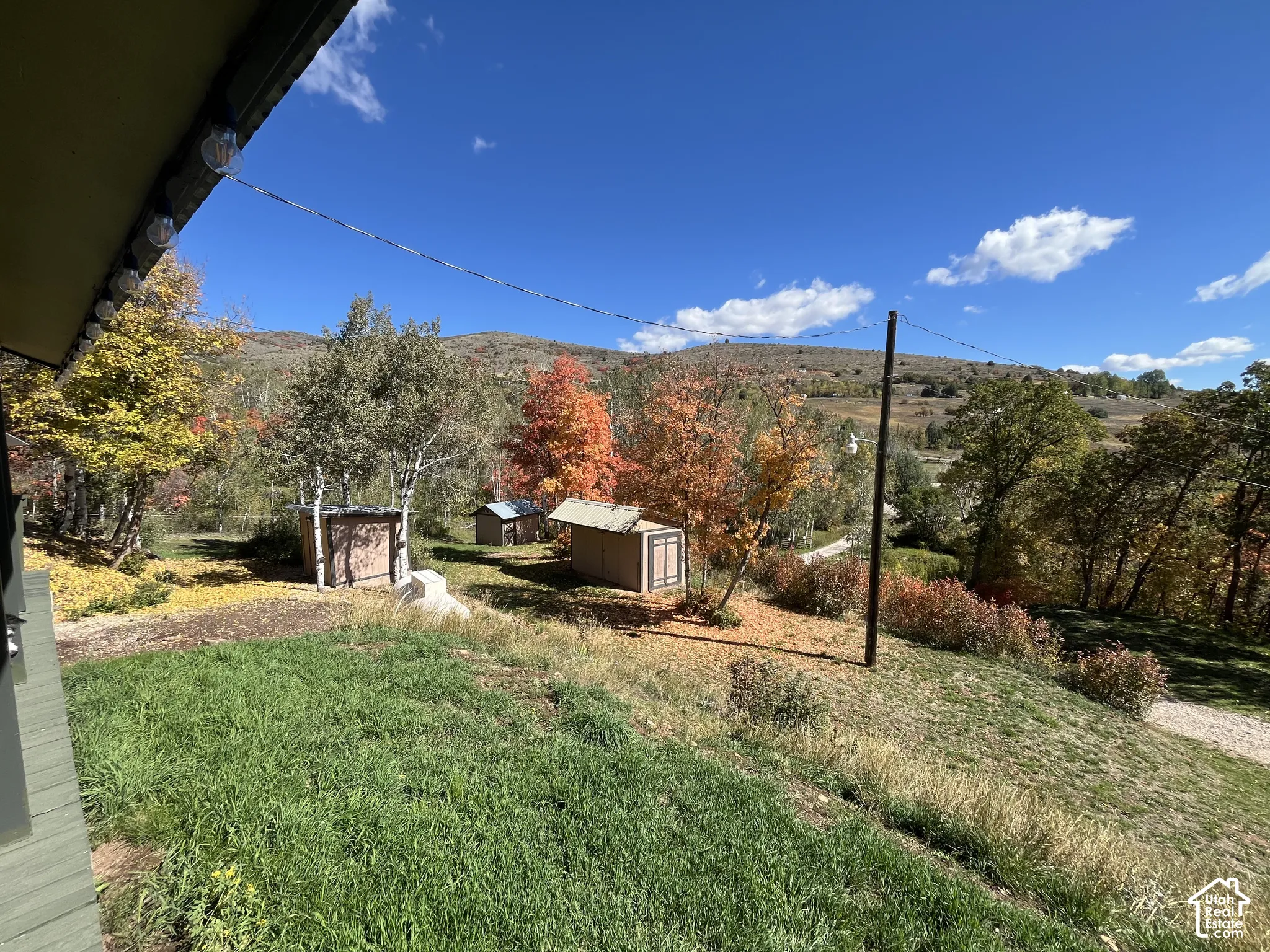 Expansive outdoor area with mature trees, scattered outbuildings, and distant mountainous terrain
