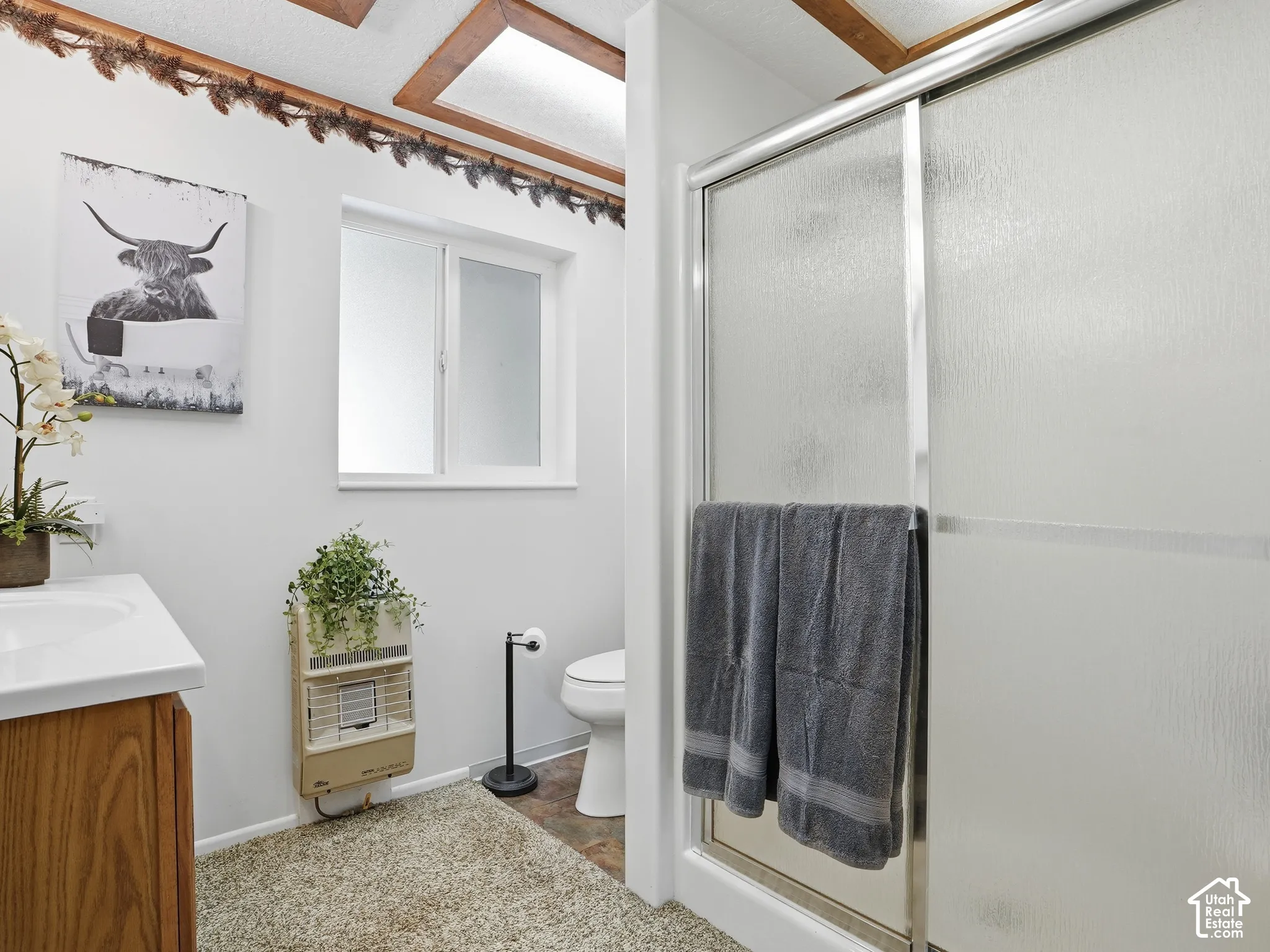Bathroom featuring a shower stall with sliding frosted glass doors, wooden vanity cabinetry, ceiling skylights with wood trim, and a wall-mounted gas heater