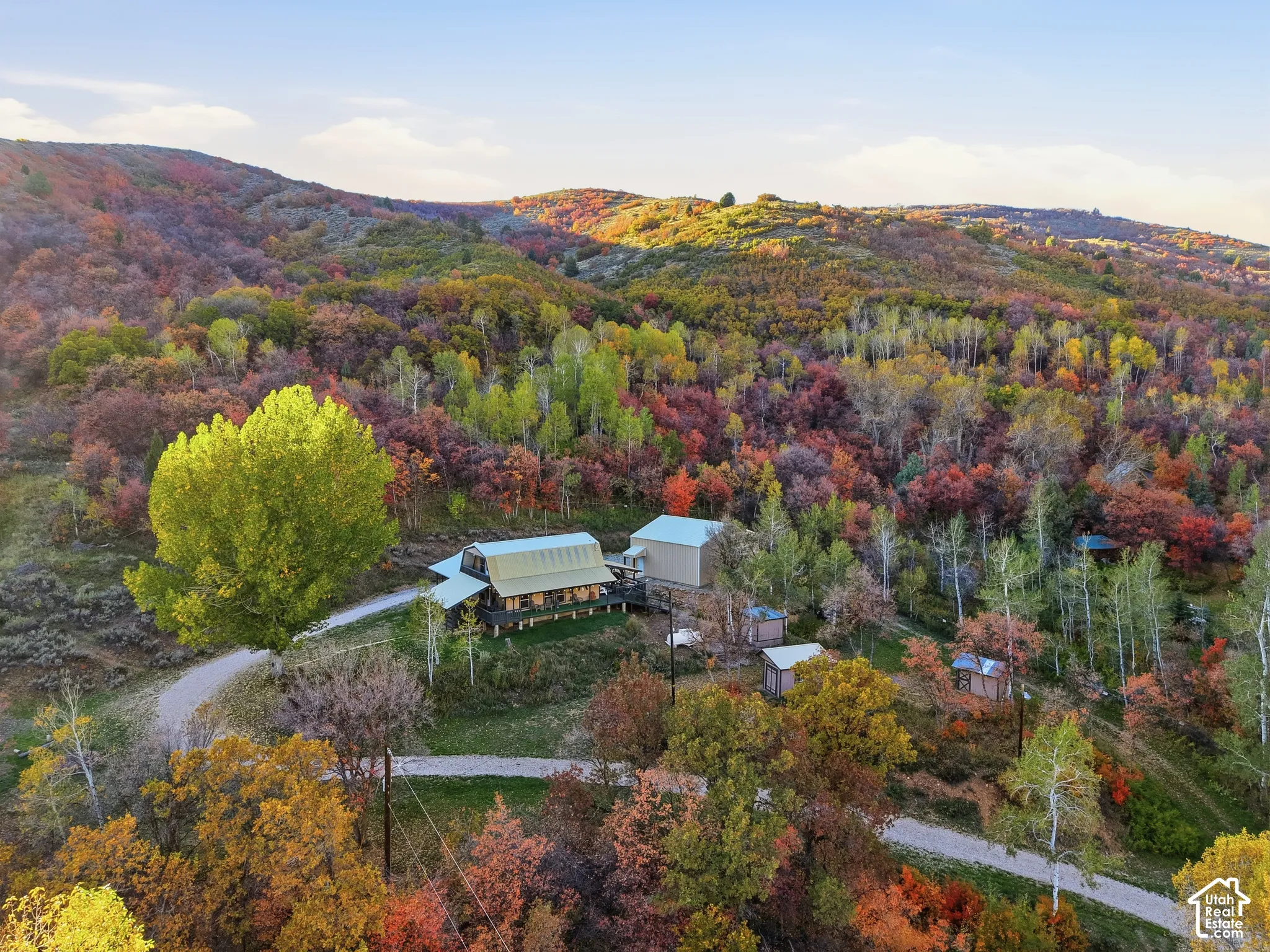 Aerial perspective of a multi-structure property featuring a gabled-roof primary residence, detached outbuildings, expansive wooded grounds, and winding gravel access roads