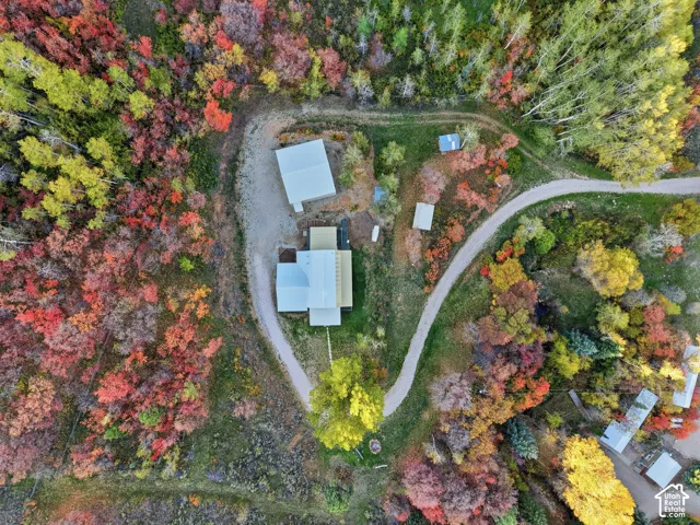 Aerial perspective of a multi-structure property featuring a primary residence, a detached structure, two auxiliary buildings, and a private gravel driveway set within a wooded lot