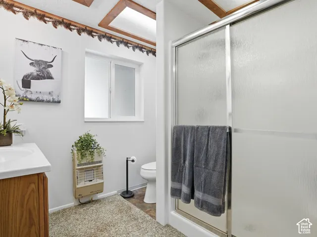 Bathroom featuring a shower stall with sliding frosted glass doors, wooden vanity cabinetry, ceiling skylights with wood trim, and a wall-mounted gas heater