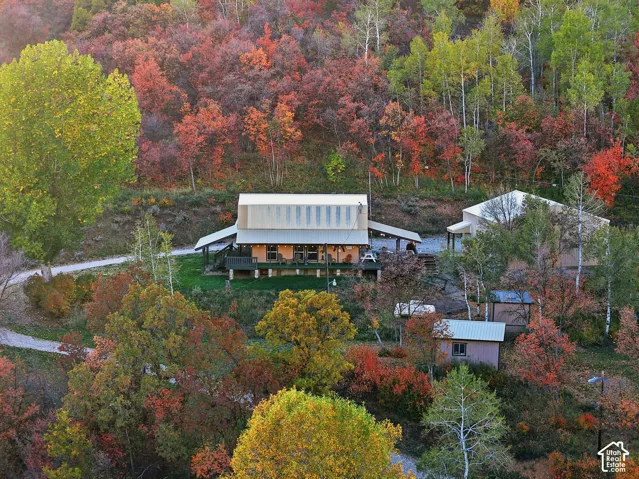 Aerial perspective featuring a cabin with a metal roof, an elevated wooden deck, a secondary detached structure, and a smaller outbuilding, all nestled within a wooded landscape